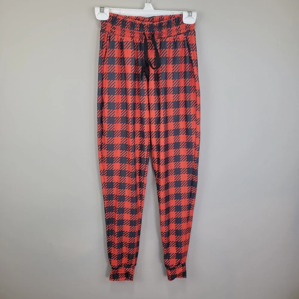 Dren‎ Designs Orange And Black Small Plaid Polyester Spandex Joggers Size S/M